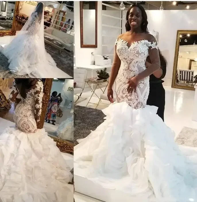 Personalizado sereia rendas vestidos de casamento africano dubai plus size vestidos de noiva ilusão mangas compridas tribunal trem robe de casamento