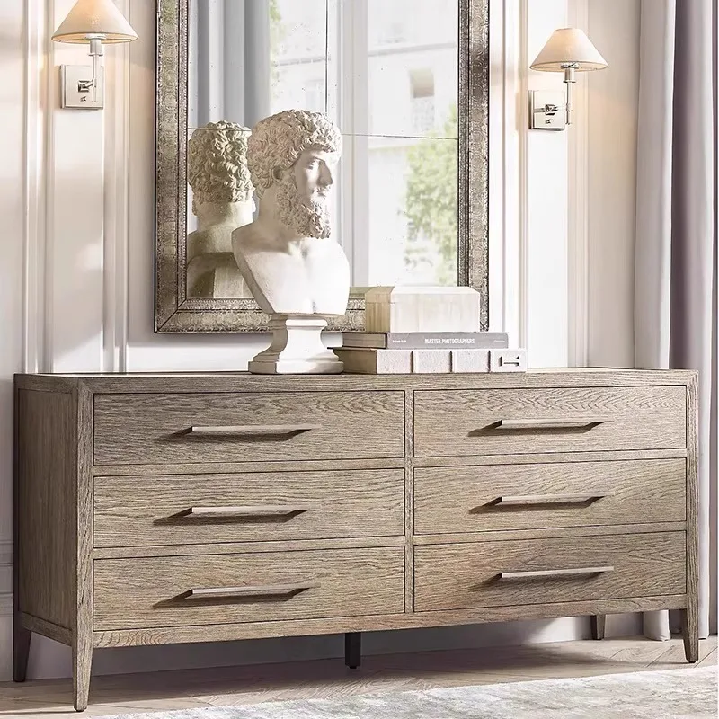 R black solid wood six-drawer cabinet, American country style antique and old side cabinet, suitable for living room