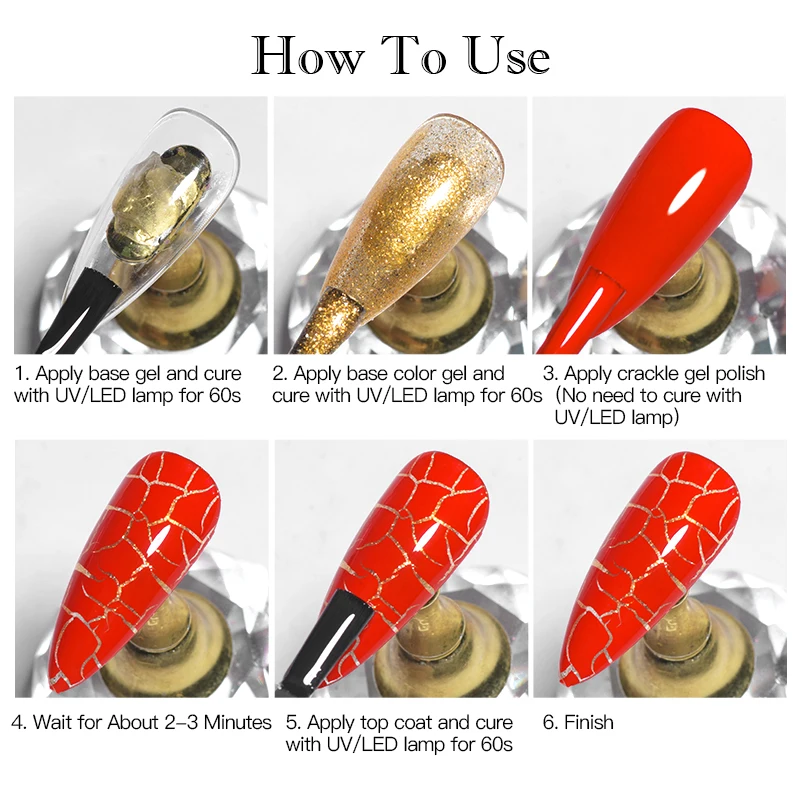 8PCS Crackle เจลเล็บชุดเงินทองสีขาวฐานสีเจลกึ่งถาวร Soak Off UV GEL เคลือบเงาสําหรับเล็บ