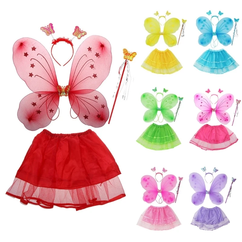 

4Pcs/Set Kids Girls Princess Fairy Costumes Cute Tutu Skirts Wings Fairy Wand Hair Accessories Party Stage Wear Props