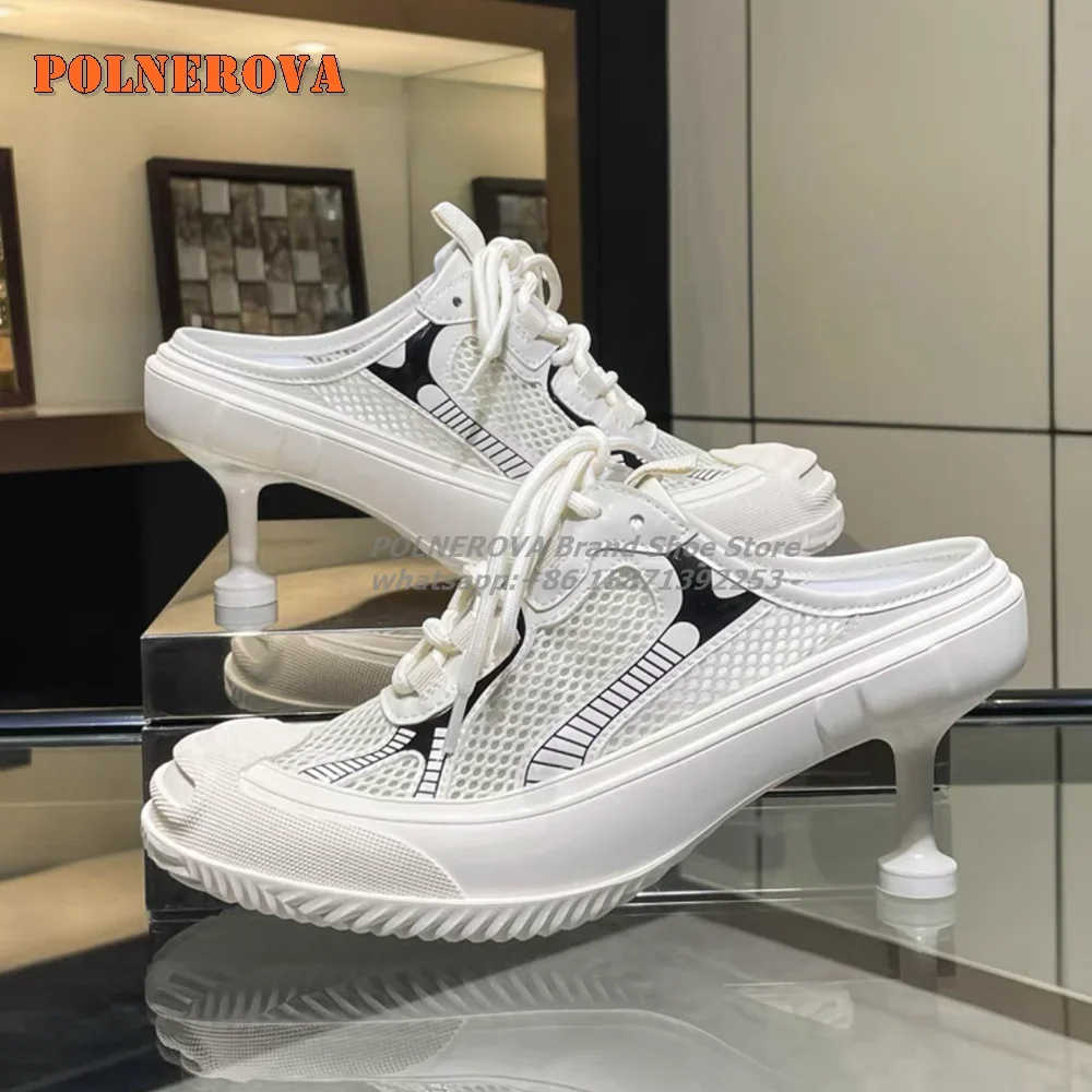 Air Mesh Hollow Cross Tied Patchwork Pumps Lace Up  Round Toe Strange Style Mixed Colors Shoes Rubber Height Increasing Casual image 2