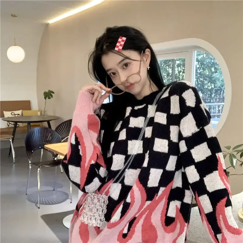 New Style Plaid Flame Sweaters Women Korean Loose Knitted Pullovers Autumn Winter Fashion Vintage Outwear Warm Sweater Female