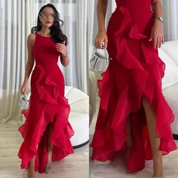 Vestido de fiesta de sirena sin mangas con cuello redondo, vestido de noche Formal fruncido, largo hasta el suelo, elegante, a la moda