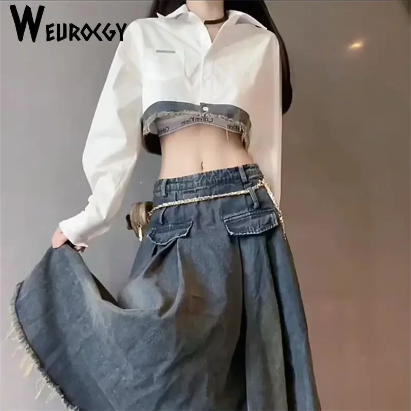 2023 Summer Korean Edition New Style Vintage Denim Woman Skirt Sexy High Waist Fashion Casual Loose A-line Half Skirt Set Trend