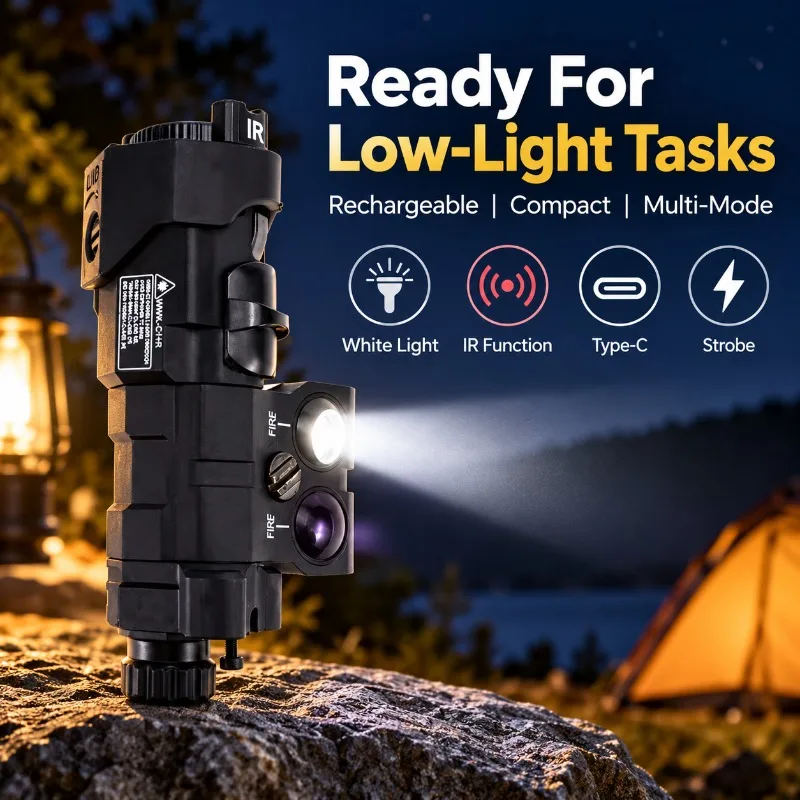Portable LED Torch with White Light and Infrared Feature, Type-C Rechargeable, Support Strobe