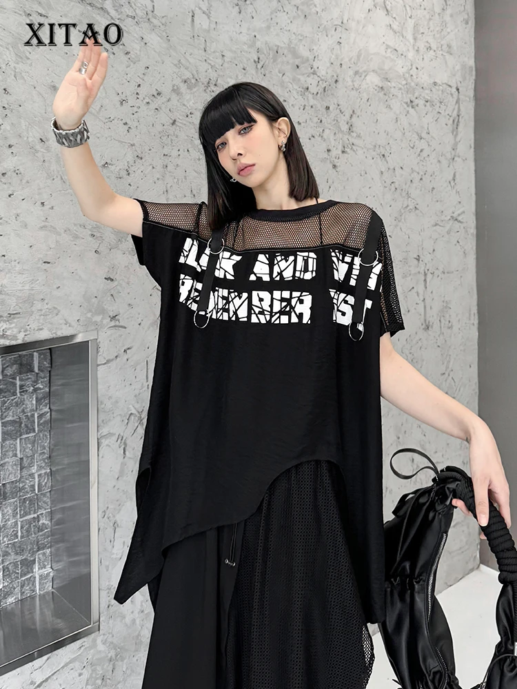 

XITAO Irregular Women Casual T-shirt Loose Fashion Personality Print Top 2024 Summer New Street Trendy Women T-shirt ZY8843