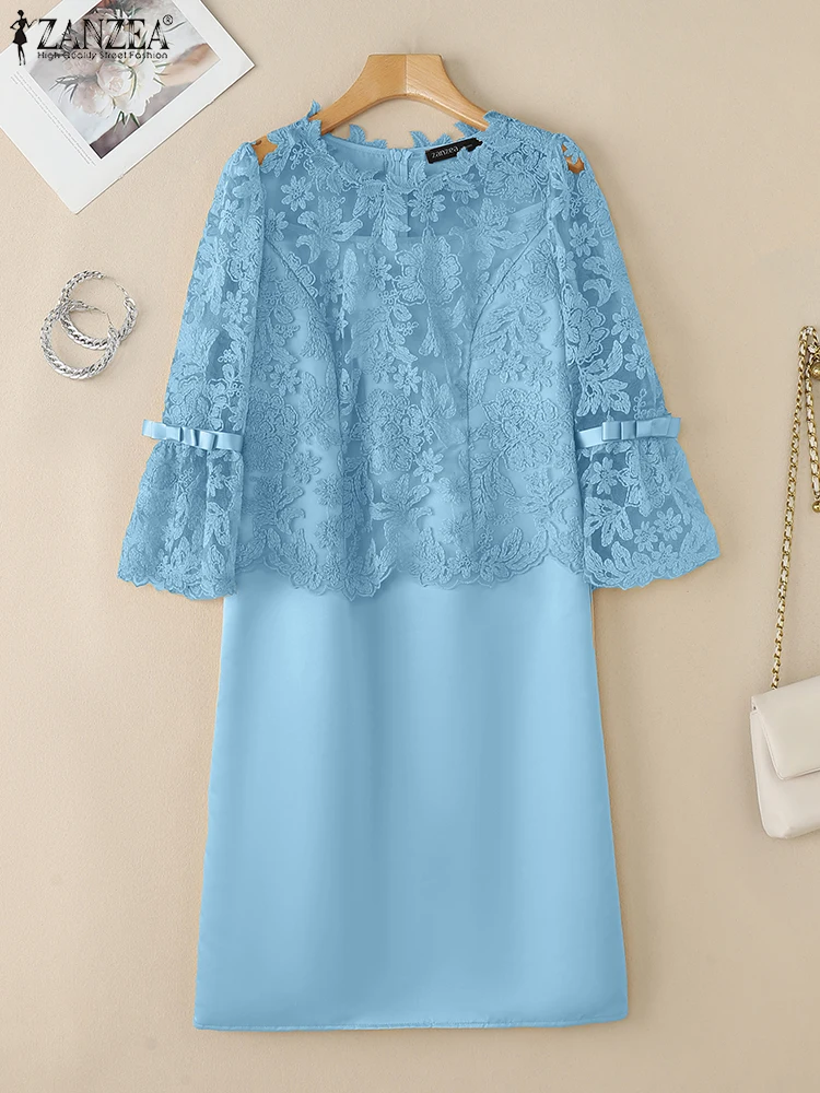 2025 Abiti estivi patchwork in pizzo ZANZEA Abito da festa elegante da donna Elegante manica a 3/4 scava fuori Abiti da lavoro in raso