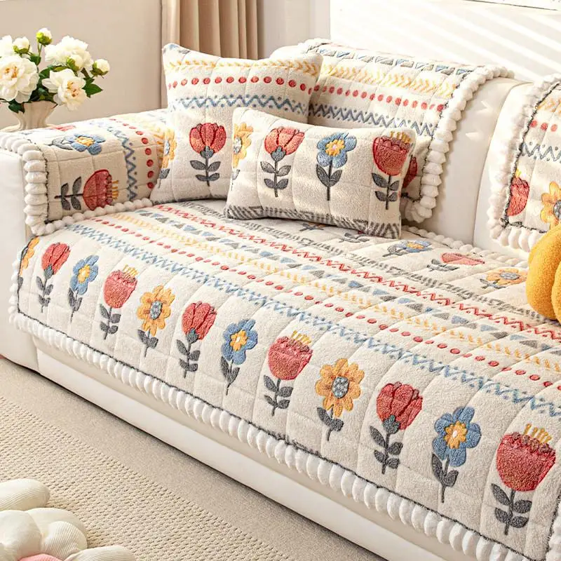 

Thickened Milk Velvet Sofa Cushion Winter New Arrival Straight Row Non-Slip Fixed Home Decor Bohemian Style Plant Floral Pattern