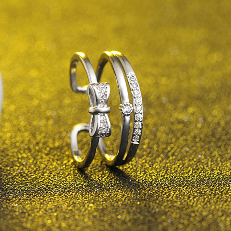 Lovely 925 Sterling Silver Dazzling Zircon Micro CZ Openig Rings for Women Double Bowknot Multi-layer Jewelry Anillos Resizable