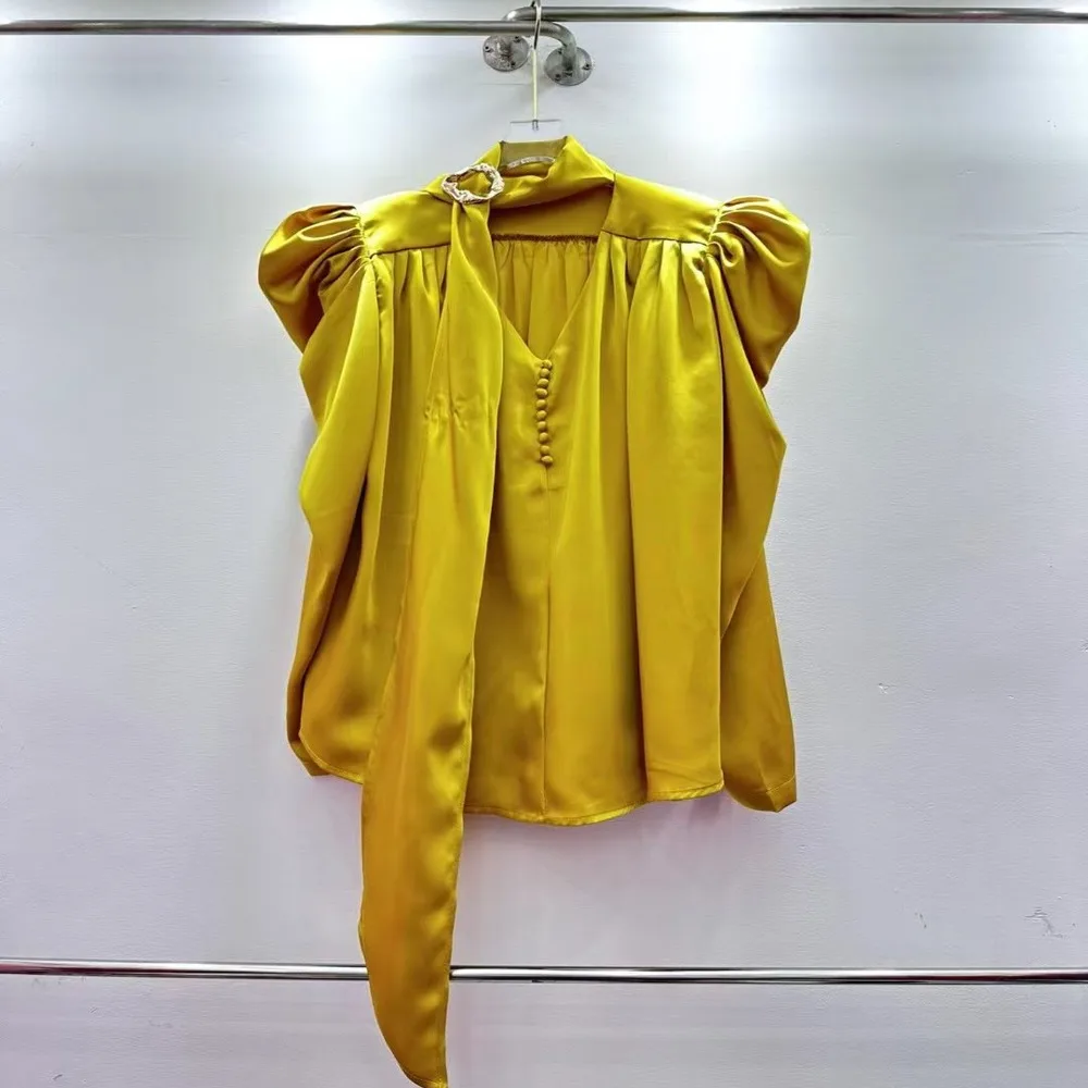 

Neploe Office Lady Premium Europe Court Blusas Mujer V Neck Single Breasted Lace Up Puff Sleeve Shirt Chiffon Ruched Fresh Mujer