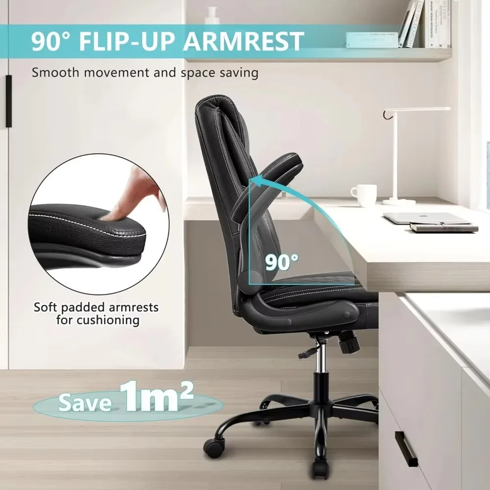 Office chair, ergonomic, with adjustable flip arm, swivel work chair with swing function, executive leather chair