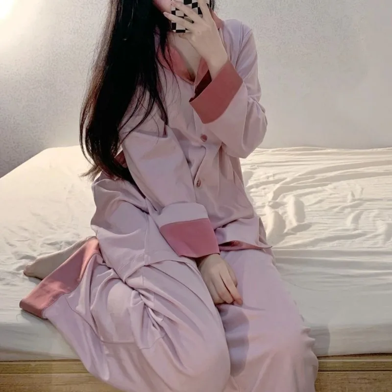 French Contrasting Lapel Long Sleeved Pajamas Women's Spring Autumn V-neck Sleepwear 2024 New Casual Pants Loose Homewear Set