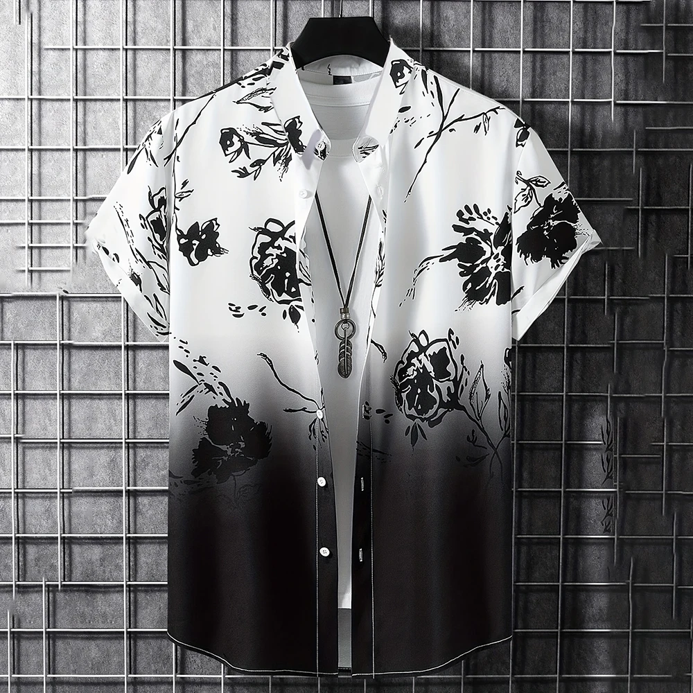 Summer Fashion Black And White Floral Print Button-up Shirts 2024 New Men\'s Short-sleeved Shirt Casual Holiday V-neck Blouse Top