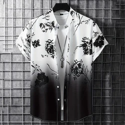 Summer Fashion Black And White Floral Print Button-up Shirts 2024 New Men's Short-sleeved Shirt Casual Holiday V-neck Blouse Top