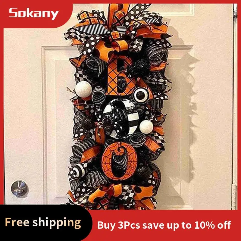 A59E-1 قطعة إكليل غنيمة الهالوين إكليل الخريف عنكبوت الهالوين وشبكة وأشرطة إكليل غنيمة