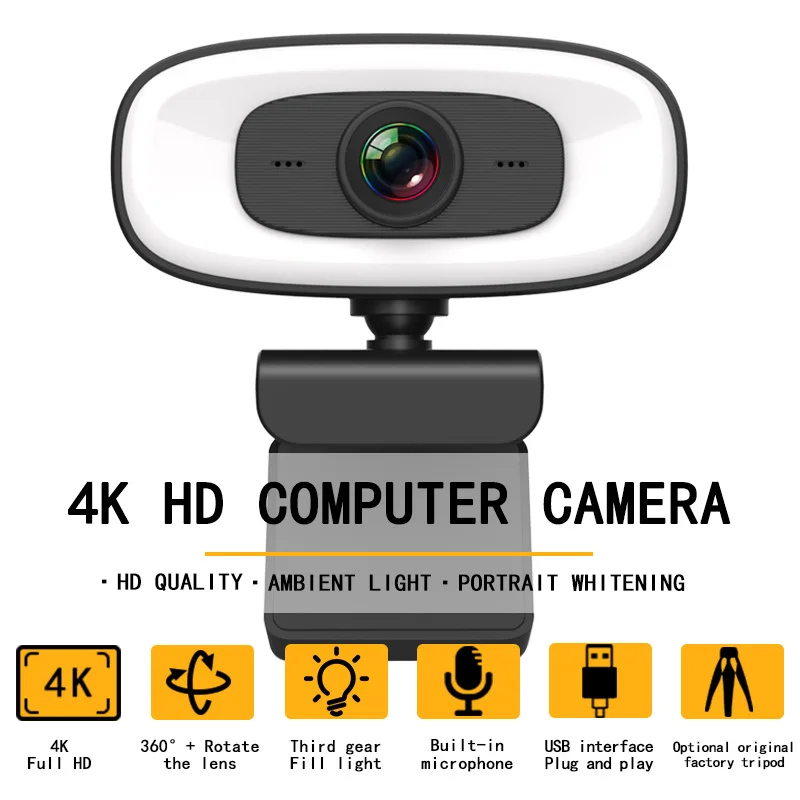

4K Webcam with Fill Light 360° Rotatable USB Plug and Play Computer Camera with Microphone