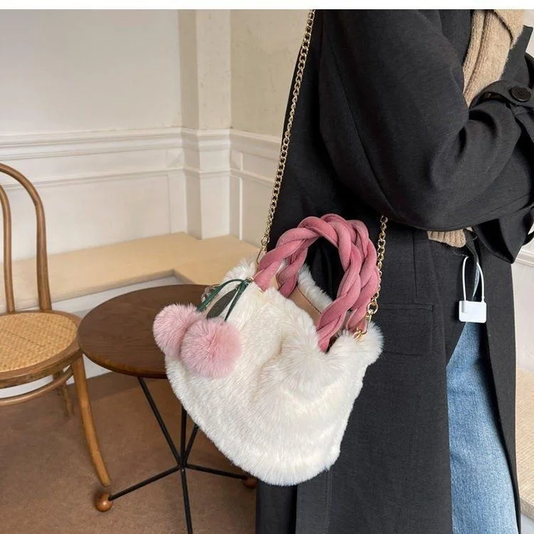 Furry Fashionable Women's Crossbody Bag Cherry Handbag Autumn Winter Casual Simple Style Lightweight Bucket Shape Handheld