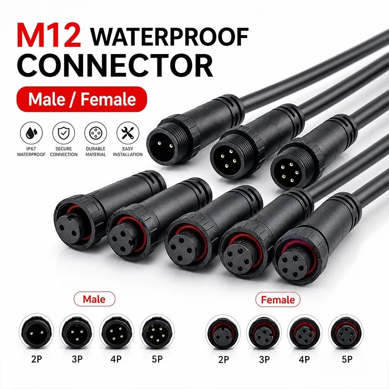 

5/20Pcs M12 Waterproof 2 3 4 5 Pin IP67 Cable Wire Plug for LED Strips Male and Female 20cm Length Connector Rubber core head