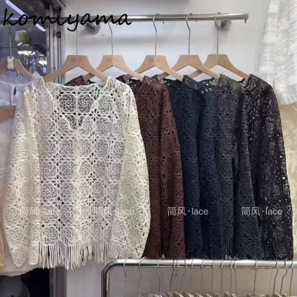 

Tassel 2025 Shirts & Blouses Hollow Out Lace Plaid Ropa De Mujer V-neck Long Sleeve Blusas Autumn Camisas Woman Clothing