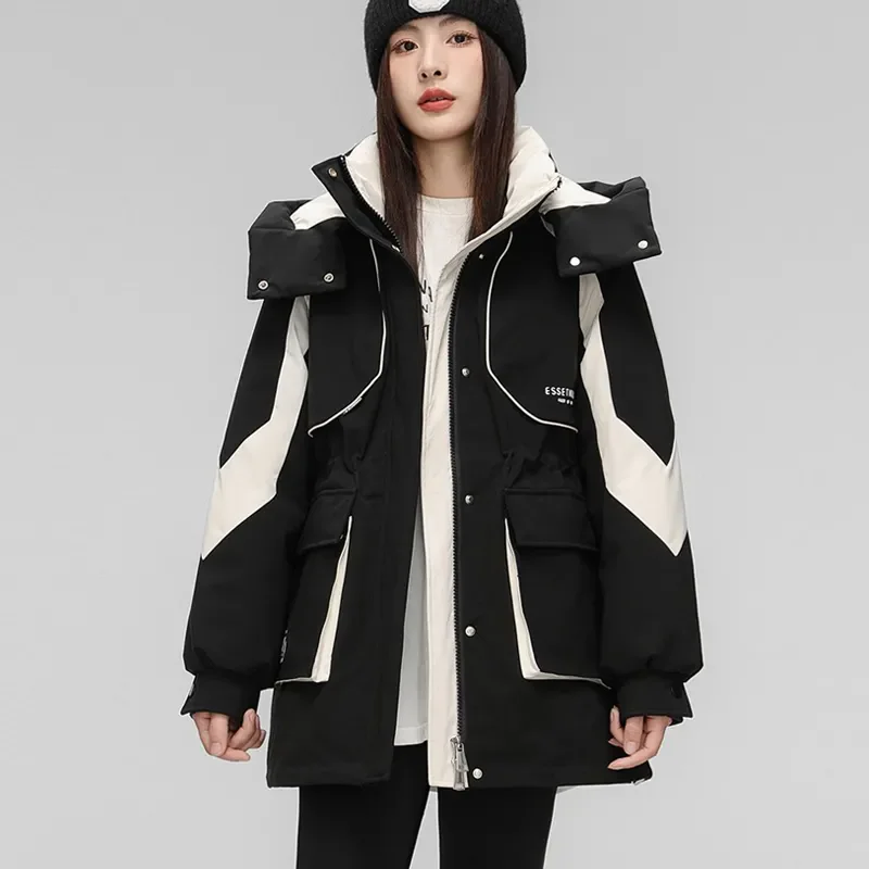 Cotton-Padded Jacket Women Overcoat Winter New Detachable Hat Thick Warm Parka Mid-Length Color Matching Tooling Cotton Coat