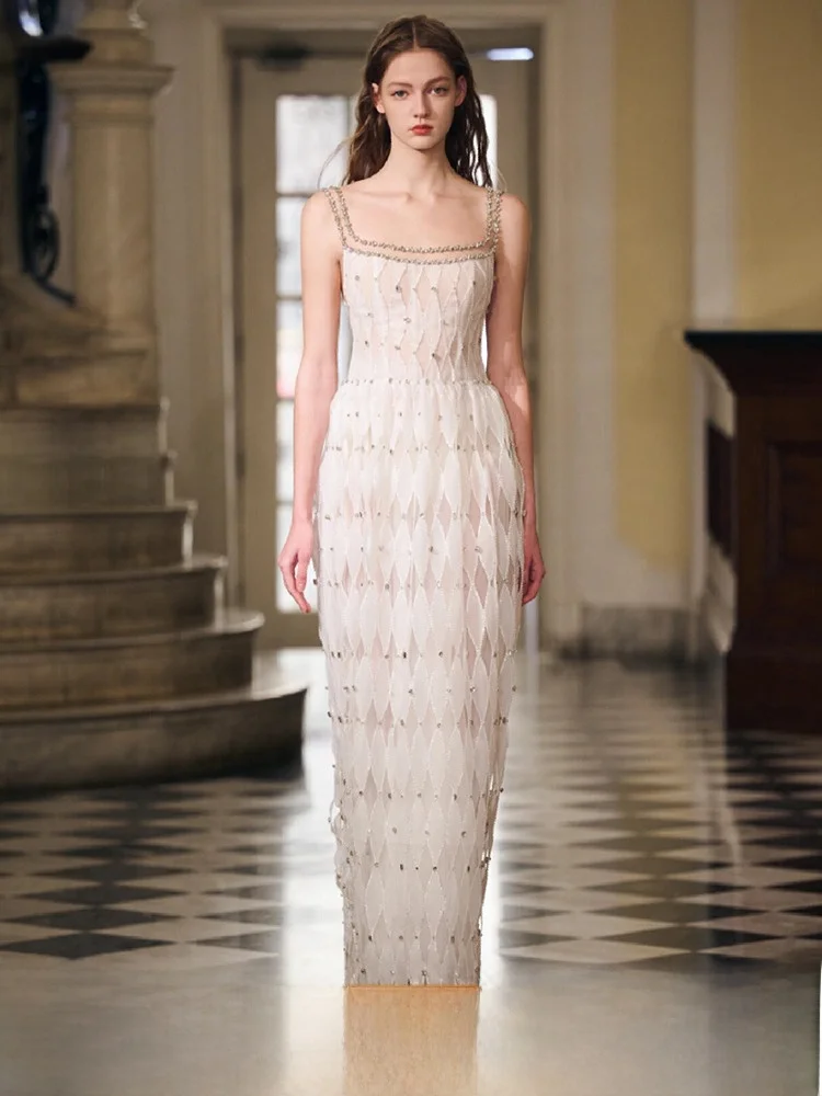 

Ele Heavy-du Evening Gown with Crystal Beads Strap Wedding Birthday Long Dr for Women in Their 8-25 Years Old