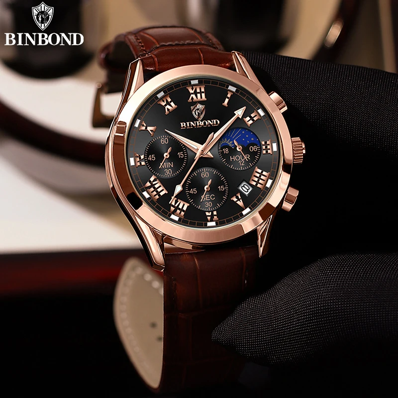 BINBOND-Relógios masculinos de couro, relógios de negócios, cronógrafo luminoso, 30m impermeável, Top Brand, moda, luxo, B0077