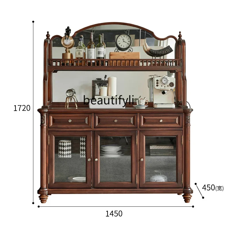 American Country Luxury retro Mahogany All Solid Wood Sideboard Cabinet Upper and Lower Two Layers Wine Cabinet