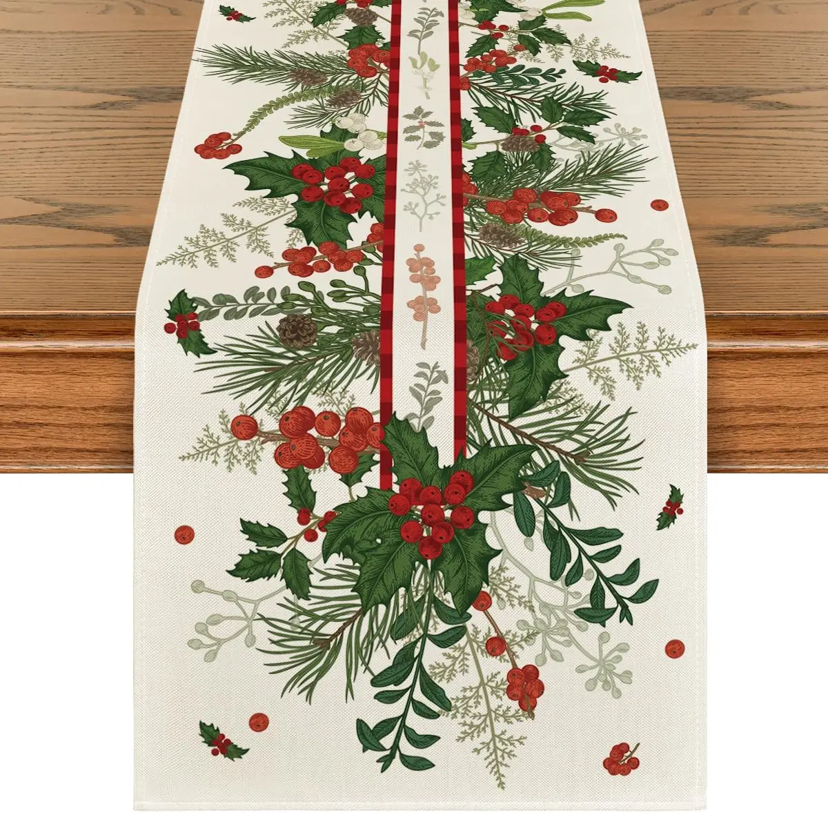 Christmas Holly Pine Cone Leaves Table Runner Party Decor Winter Xmas Table Runner Dining Table Runner Christmas Decorations