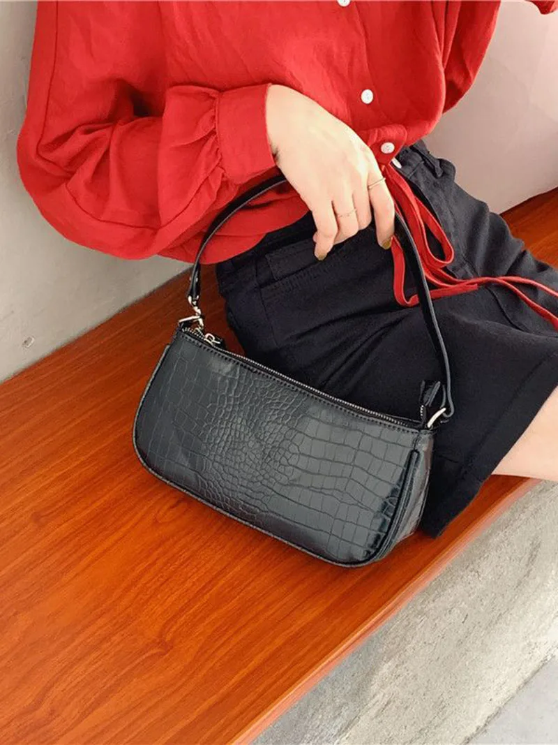 French Style PU Handbag For Women Vintage Underarm Bag Fashion Spring Summer New Soft Stone Pattern One Shoulder Bag