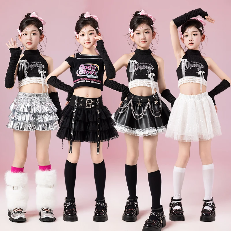 

Girls Kpop Performance Suit Black White Cool Jazz Dance Stage Costume Mini Skirt Crop Top Children Model Show Jazz Clothing 3727