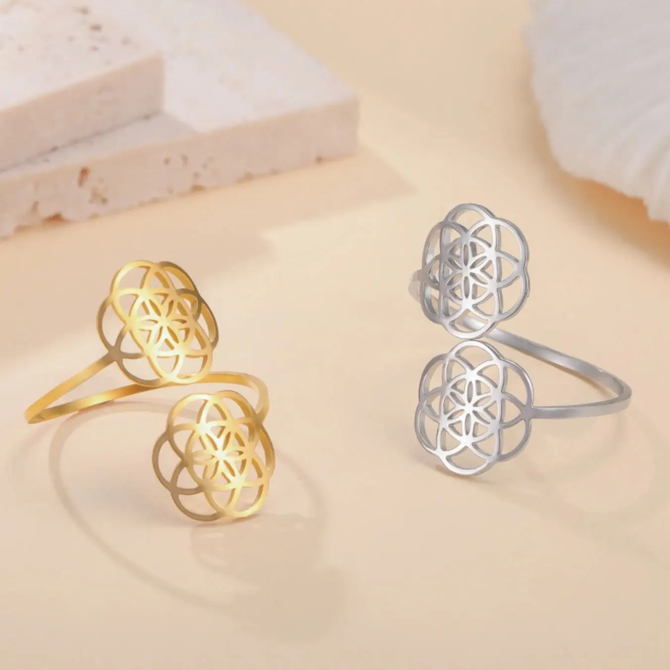 LIKGREAT Hollow Flower of Life Sacred Geometry Adjustable Ring for Women Stainless Steel Vintage Chakra Mandala Jewelry Gift New