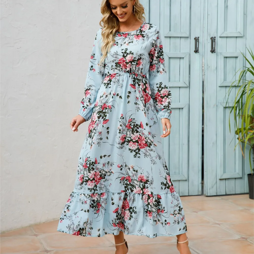 Vestido de manga larga con cuello redondo y estampado Floral para Mujer, Vestido bohemio grande a la moda, ropa OL para Mujer 2024