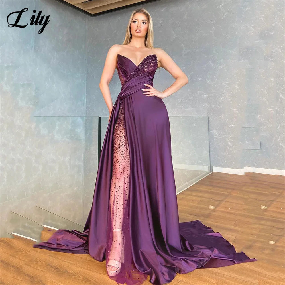 

Lily Shining V Neck Purple Prom Dresses Sexy Stain Beach فستان سهرة نسائي Sleeveless Side Split Evening Dress For Special Events