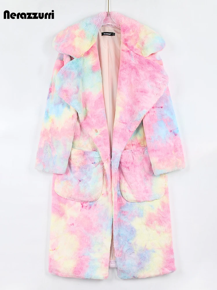 Nerazzurri Winter Long Colorful Oversized Thick Warm Faux Fur Coat Women Pockets Tie Dye Luxury Designer Runway Fluffy Jacket