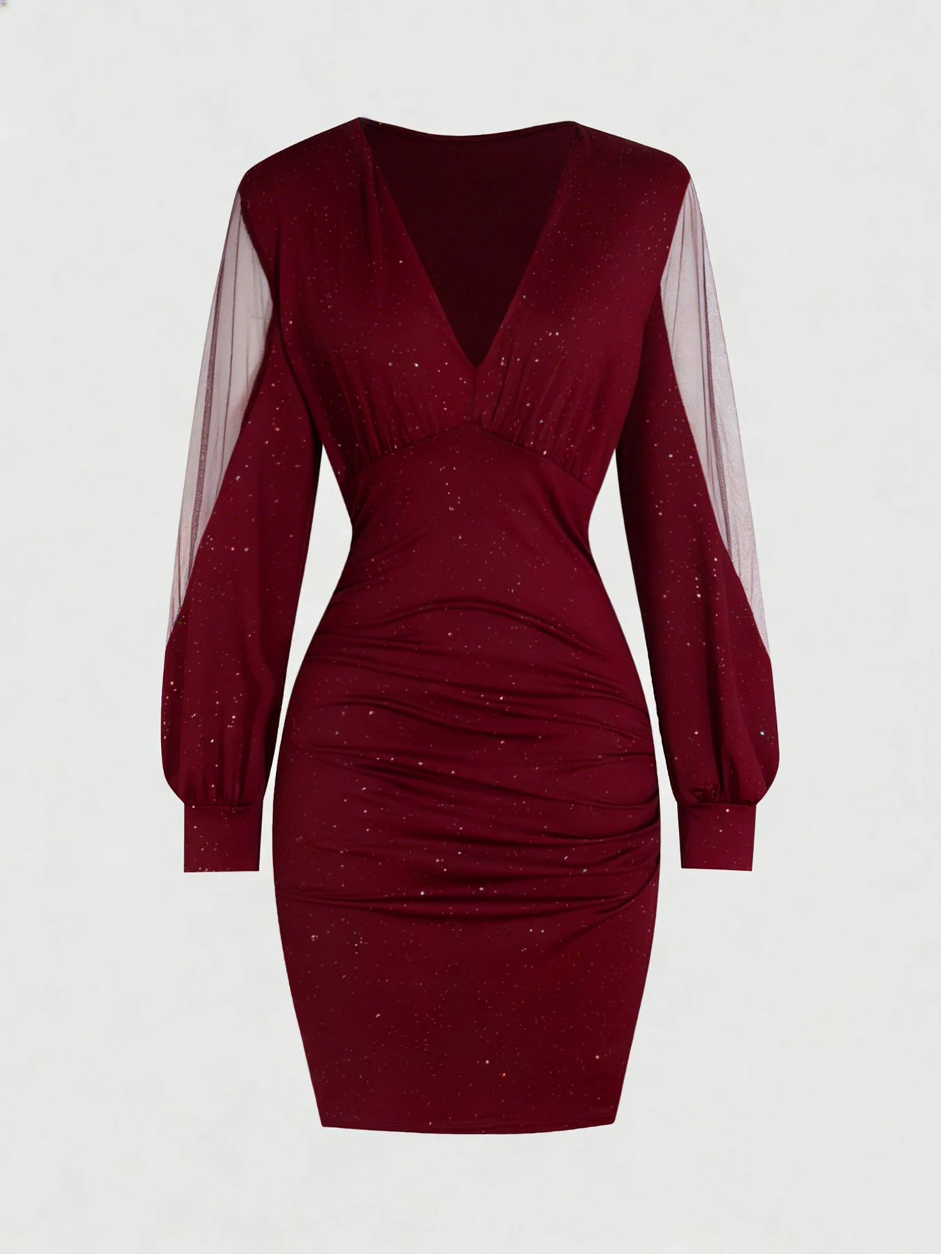 Glamouröses Burgunderrotes V-Ausschnitt Pailletten-Bodycon-Kleid - Langes Kleid mit Transparenten Netzärmeln und Geraffter Taille, für Abendpartys, Clubbesuche und Dates – Detail 7