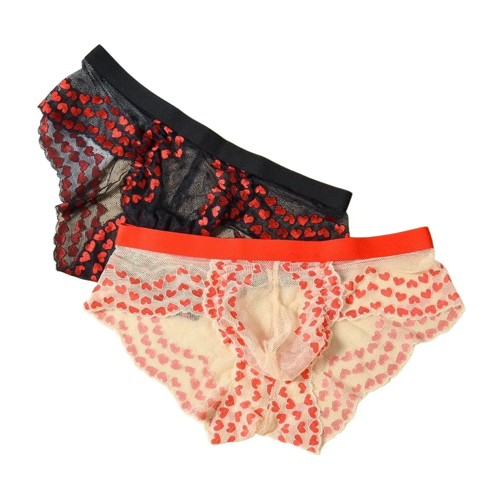 Men's Sheer Mesh Heart Pattern Fashion Sexy Lightweight Briefs Bulge Pouch Underwear Quick Drying Breathable Panties