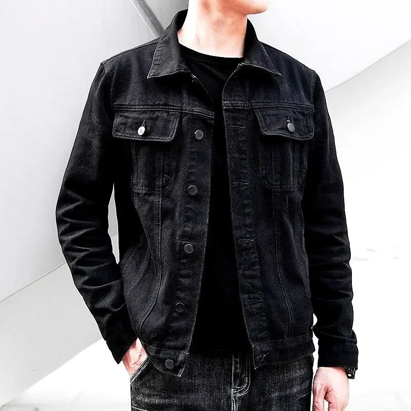 Jeans Coat For Men Wide Shoulders Cargo Denim Jackets Man Black Size L Loose Designer Large Cowboy Vintage Branded Chic Elegant