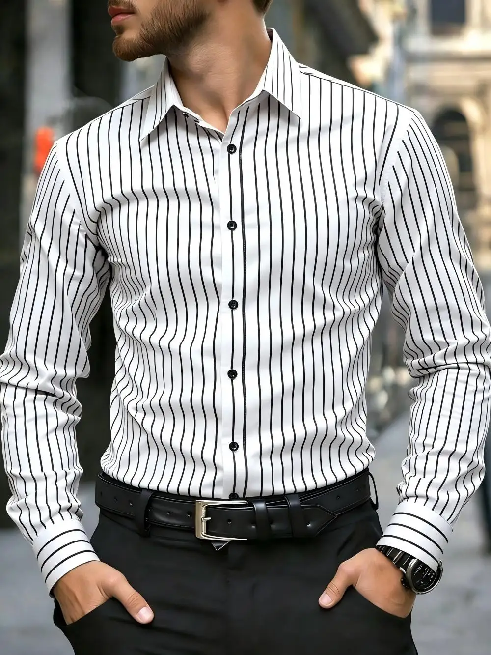 Men's striped button up shirt, long sleeved collared business top, regular striped top, formal, ceremonial dress