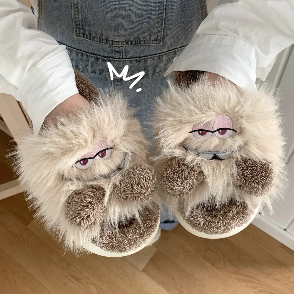 Zapatillas de algodón de felpa con personalidad para mujer, pantuflas de ocio, Dormitorio en casa, cálidas, creativas, divertidas, a la moda, Otoño e Invierno