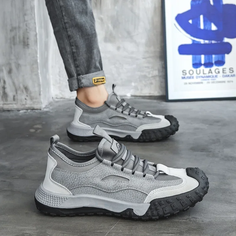 Outdoor Men Hiking Shoes Anti-slip Platform Men Sneakers Retro Leather Jogging Shoes Fashion Wear-resistant Trekking Shoes Male