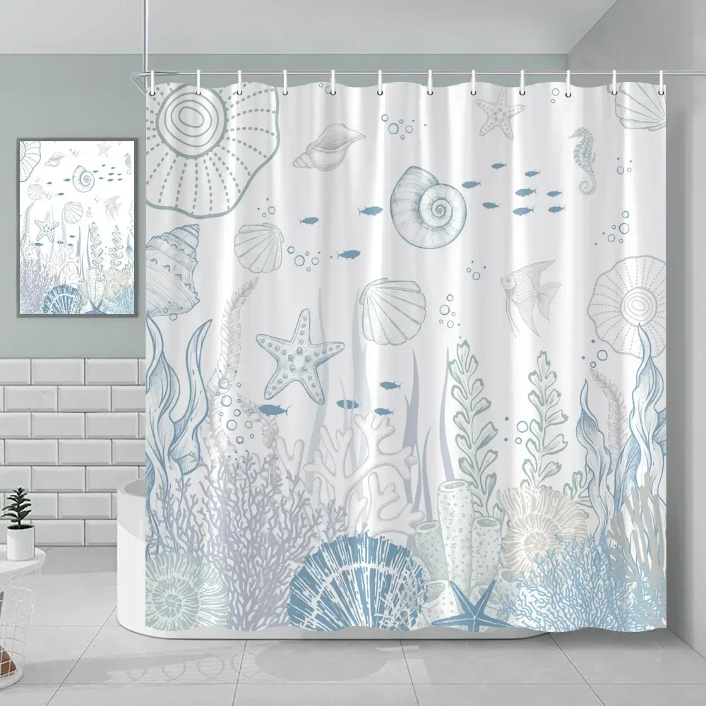 مجموعة ستائر الدش المصنوعة من القماش على شكل سلحفاة البحر الأخضر البحري على الشاطئ، ديكور المحيط الأزرق مع الحلقات والخطافات #4