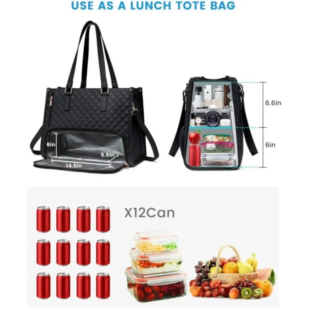 2 in 1 Lunch Tote Bag for Women Large Capacity Insulated 15.6 Inch Laptop Bag with Purse Lunch Compartment Computer Handbag