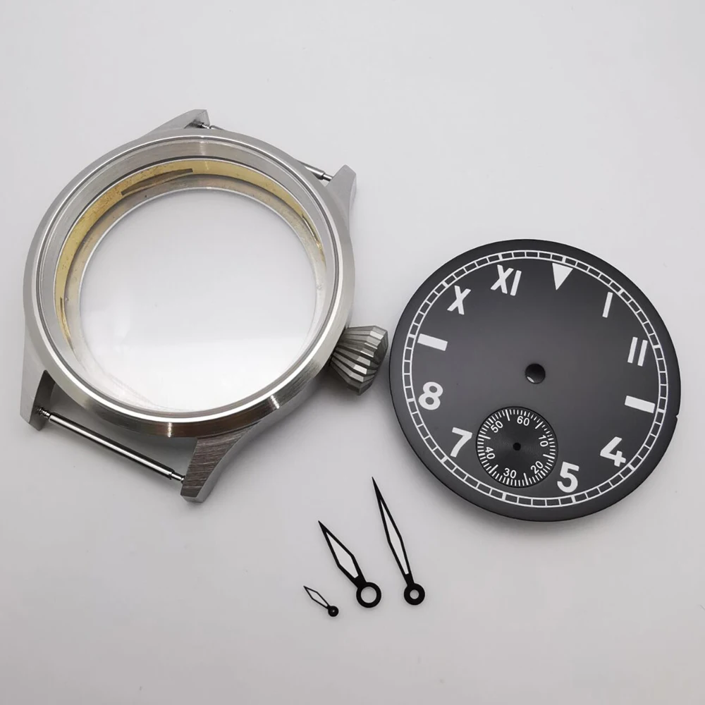 

43mm sapphire glass brushed silver brass black coated sterile watch case dial hands fit ETA6498 ST3620 manual movement