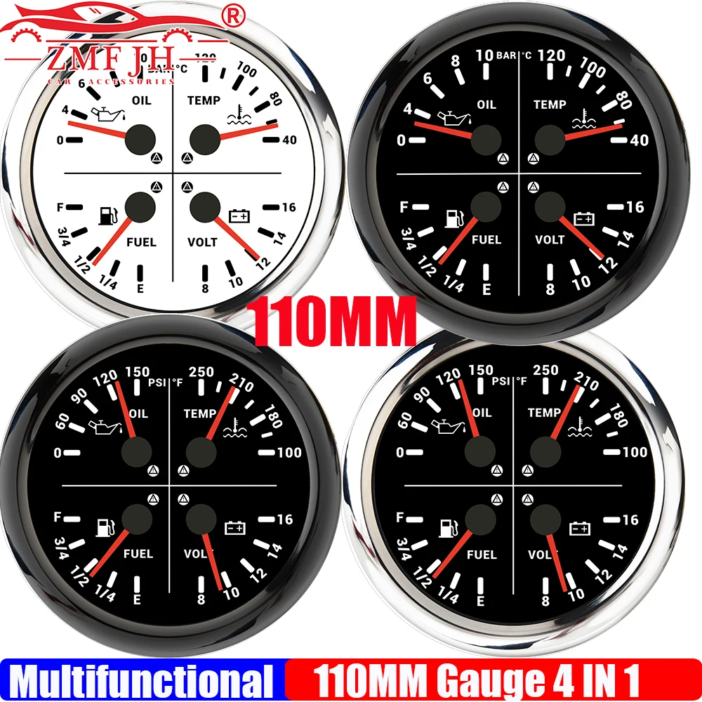 ZMFJH 110MM Gauge with Flashing Alarm Red Light Pointer 4IN1 Oil Pressure+Water Temp+Fuel Level Gauge+Voltage for Boat Car 12V