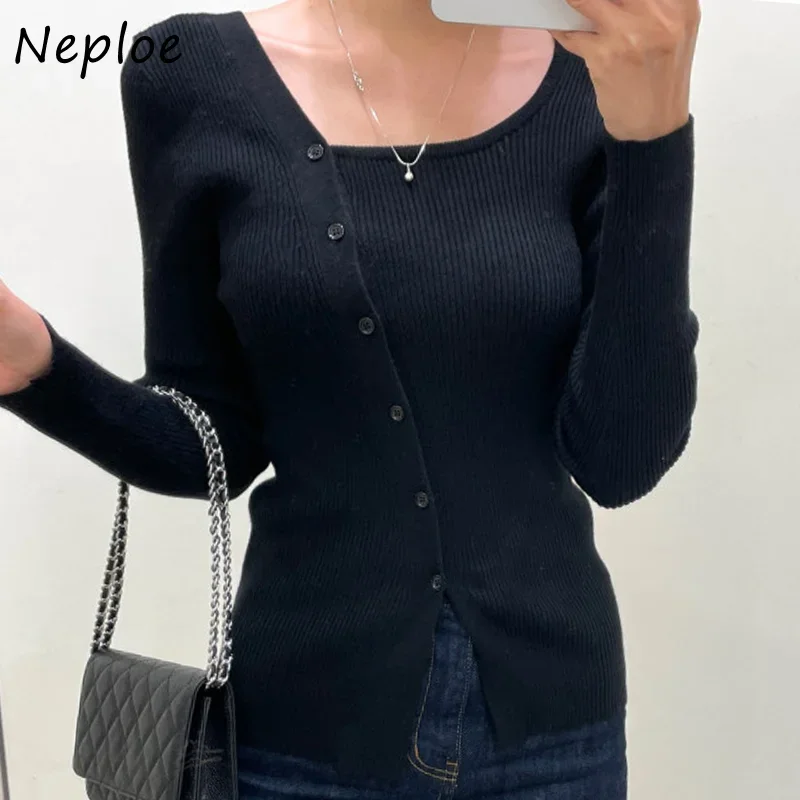 Neploe Square Collar Irregular Solid Color Outerwear Vintage Sweater Women Long Sleeve Single-breasted Slim Cardigan Mujer Y2k