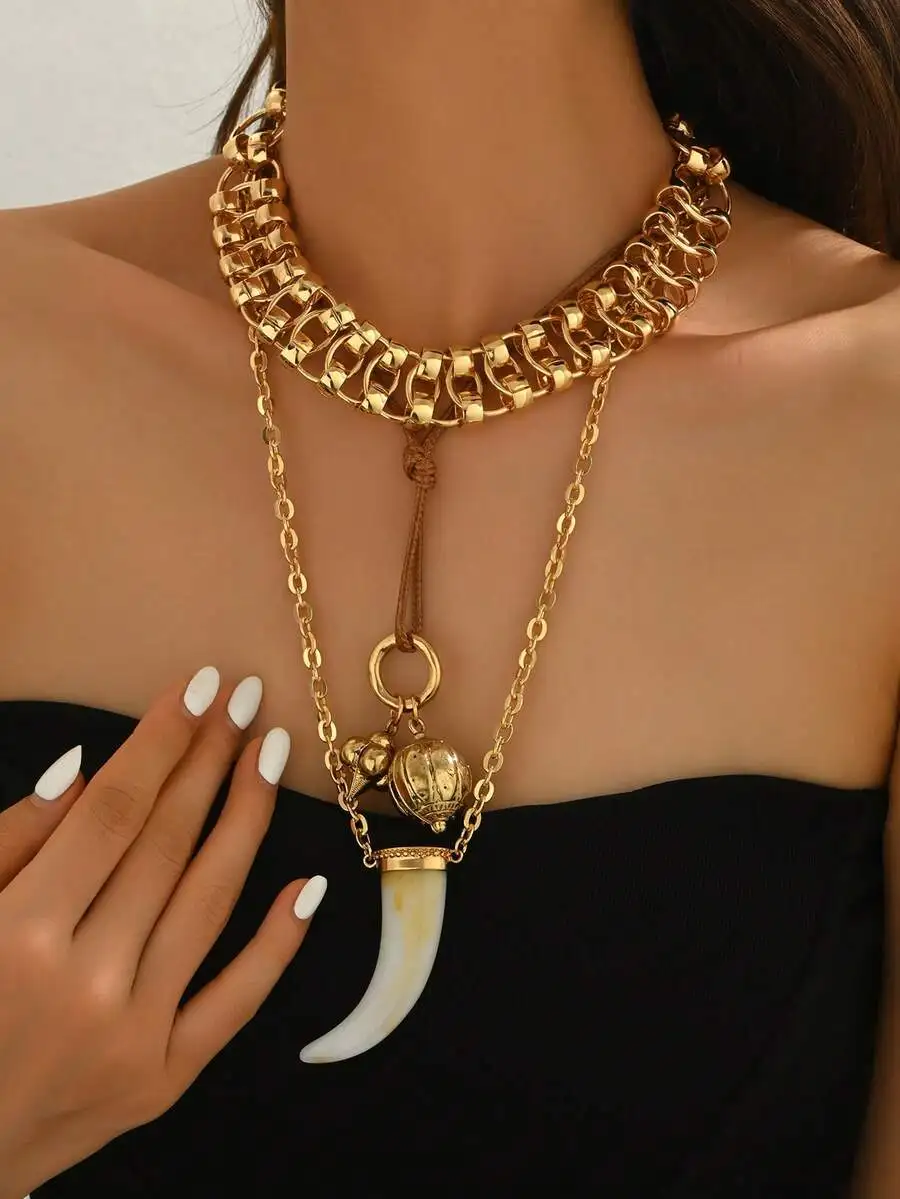 

Multilayer Stacked Animal Horn Pendant Necklace Fashion Jewelry For Women