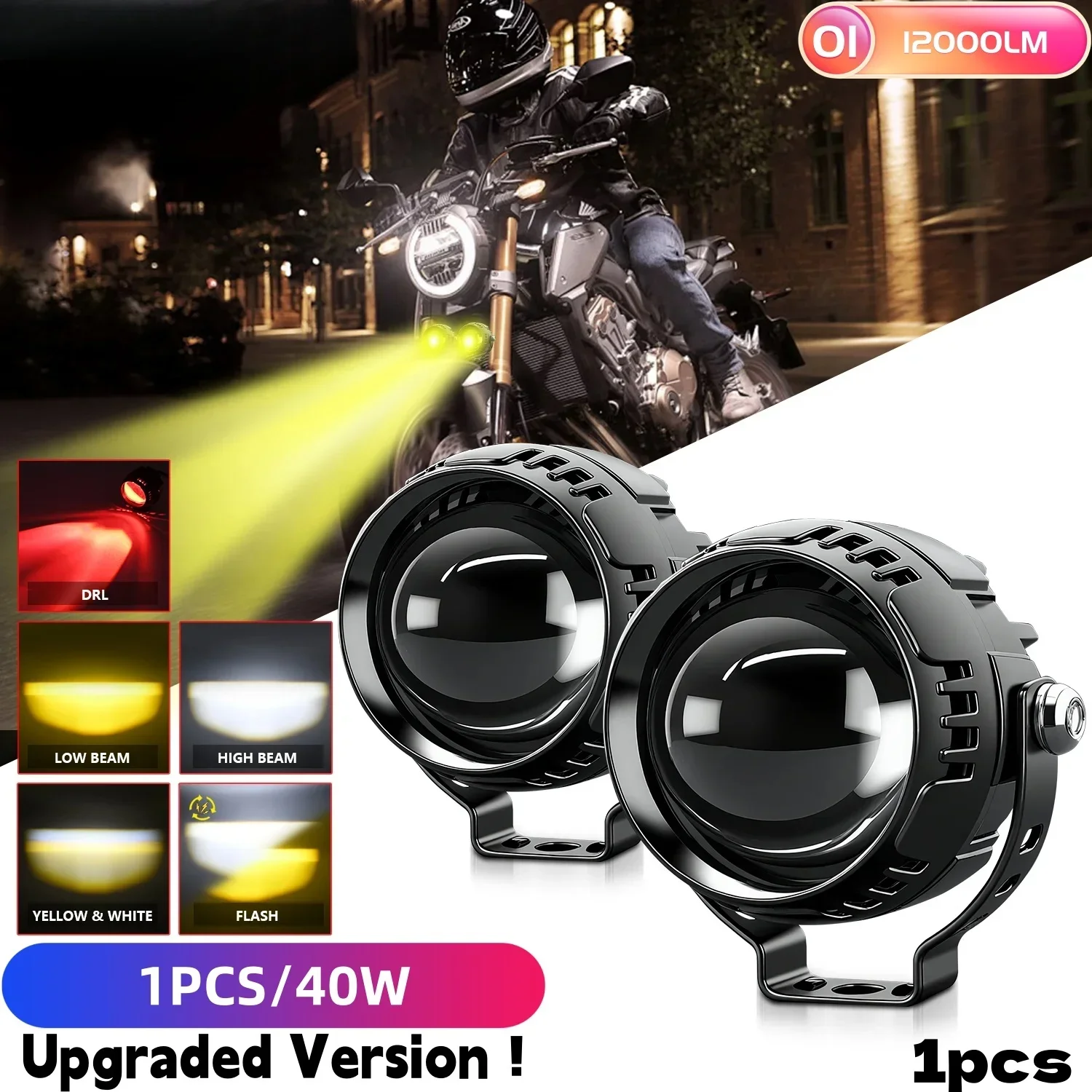 Multi-Mode Super Bright LED Headlight with Big Lens, Red Demon Eye & Strobe Warning for Motorcycle, SUV, Car, Off-Road