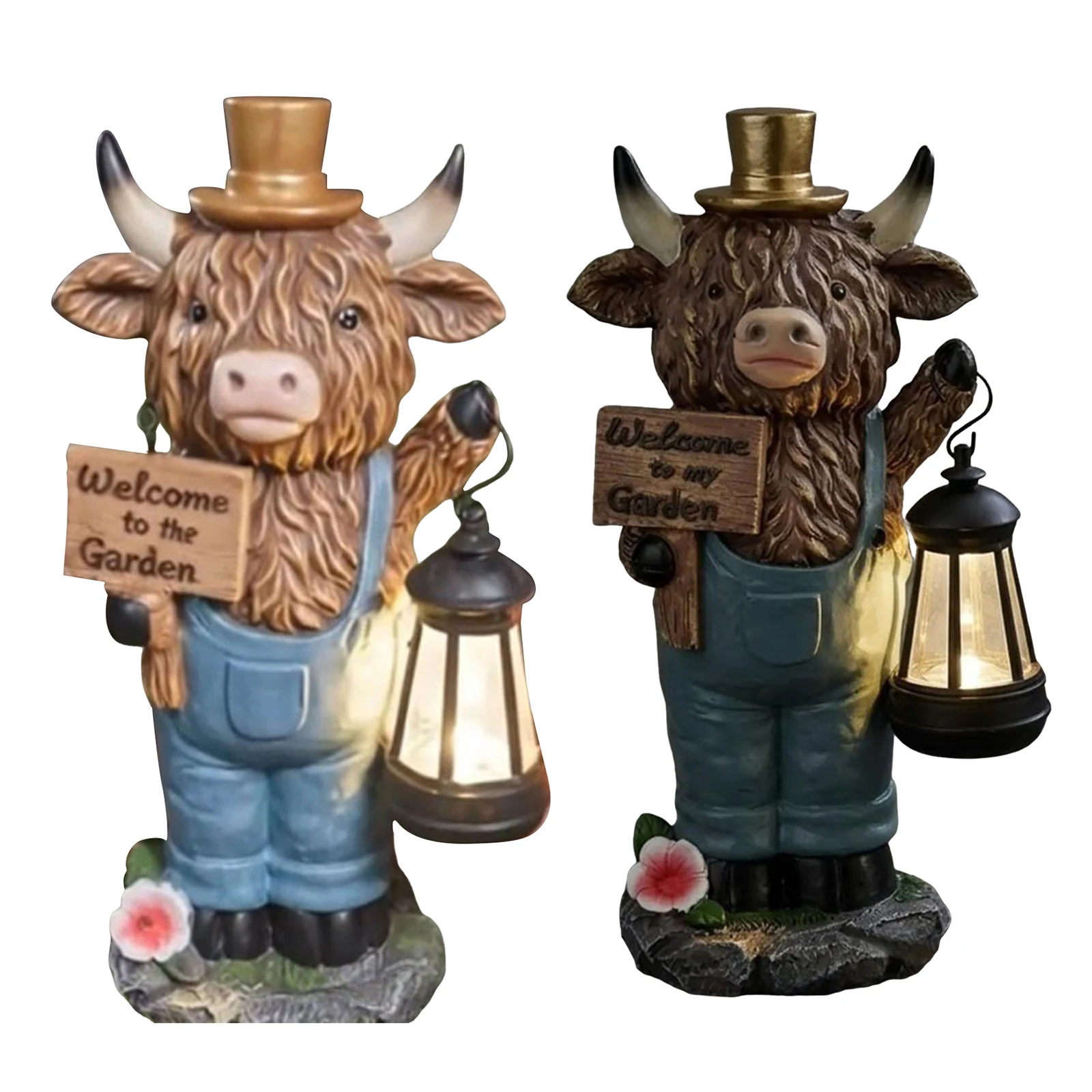 Welcome To Garden Sign Figurine Multi-Purpose Highland Cows Ornaments Lovely Animal Resin Sculpture for Porch Patio Balcony