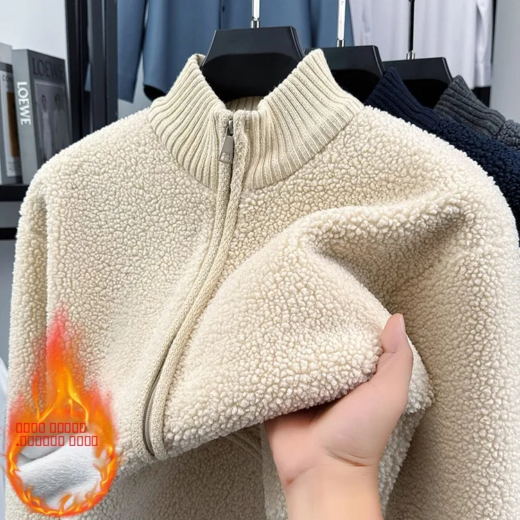 

Мужская зимняя куртка-кардиган с высоким воротником на молнии, на флисовой подкладке из овечьей шерсти, повседневная теплая верхняя одежда для активного отдыха и походов