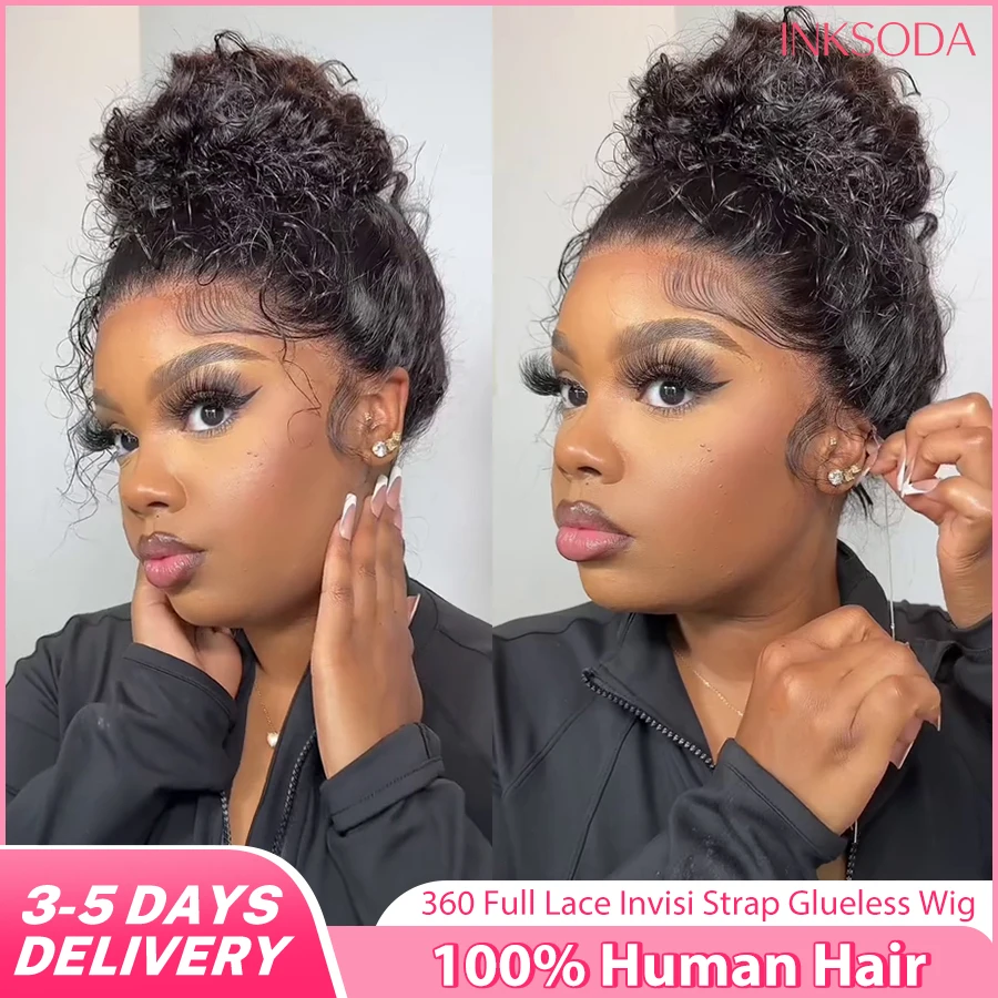 Wig Rambut Asli Invisible Strap HD 360 Lace Front Deep Wave Preplucked 360 Full Lace Wig Drawstring Curly Glueless Wig Rambut Asli